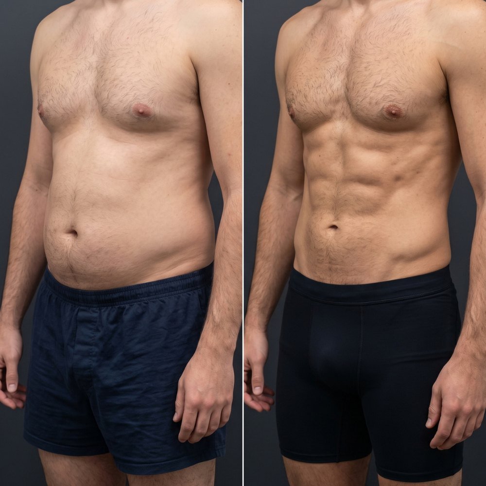 Male liposuction before and after, three quarter view, abdomen and chest contoured