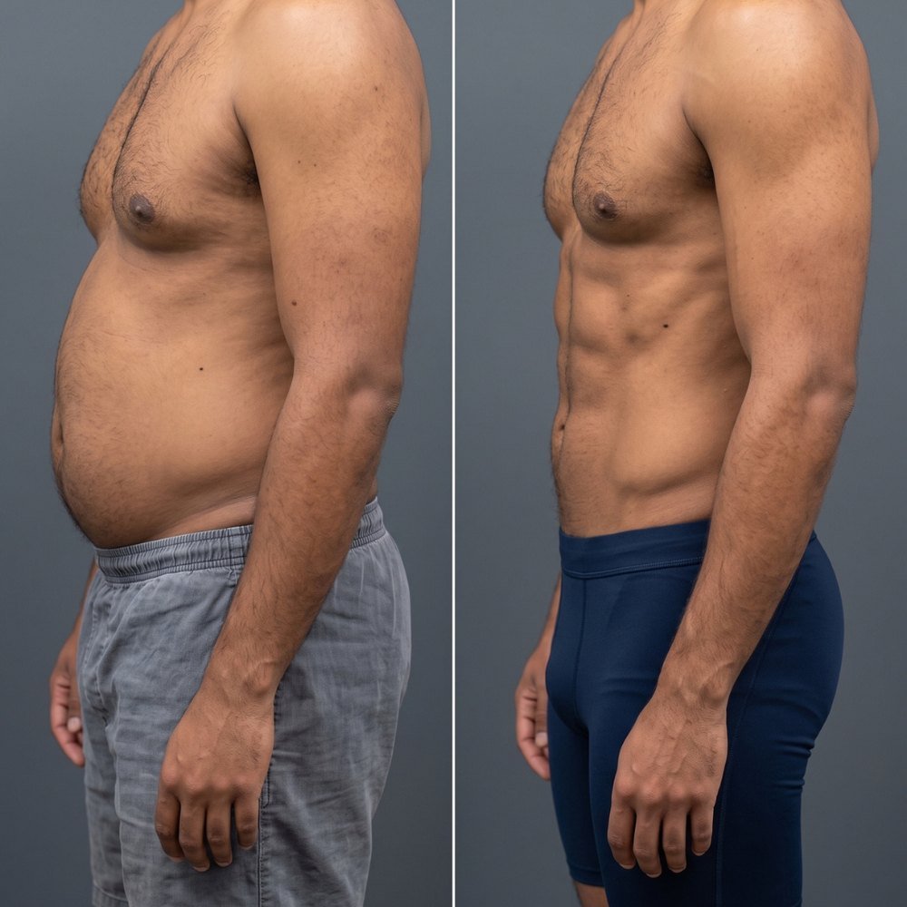 Male liposuction before and after, side view, flatter abdominal profile