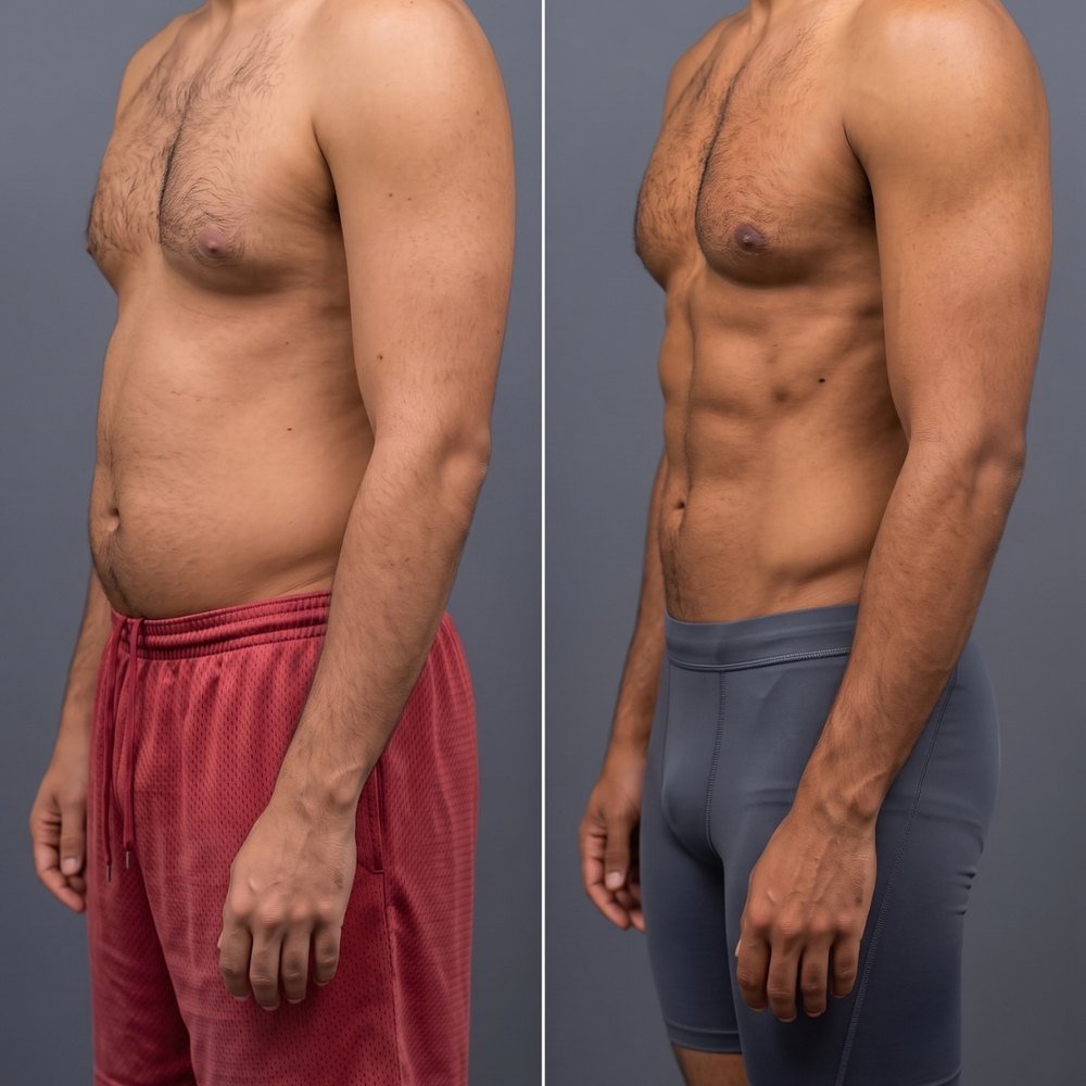 Male liposuction before and after, three quarter view, waist and flank definition
