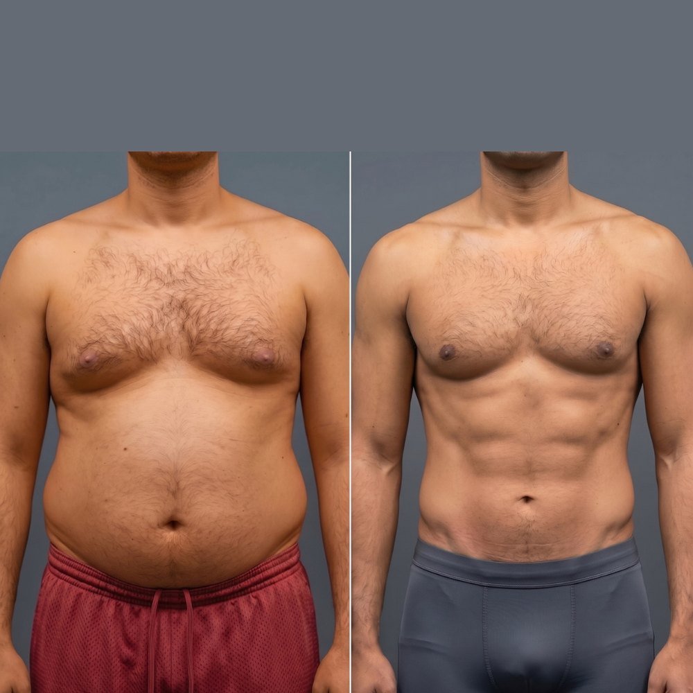 Male liposuction before and after, front view, defined midsection