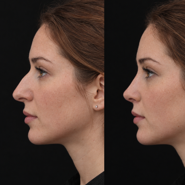 Rhinoplasty before and after, left profile, dorsal hump reduced and the tip refined