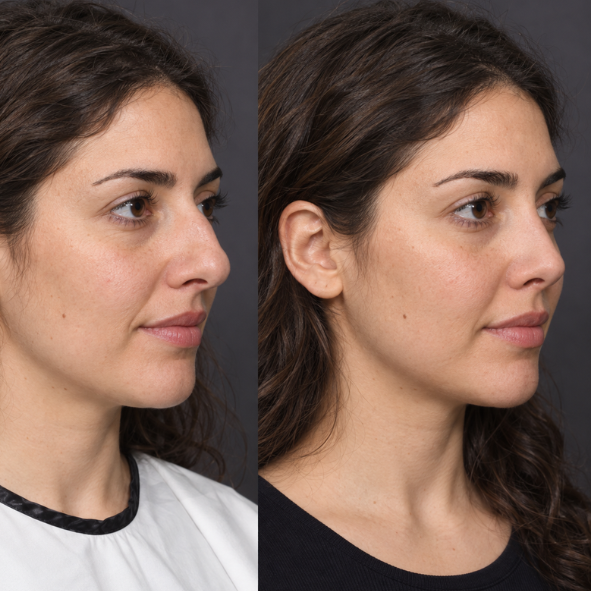 Rhinoplasty before and after, three quarter view, bridge narrowed and the profile balanced
