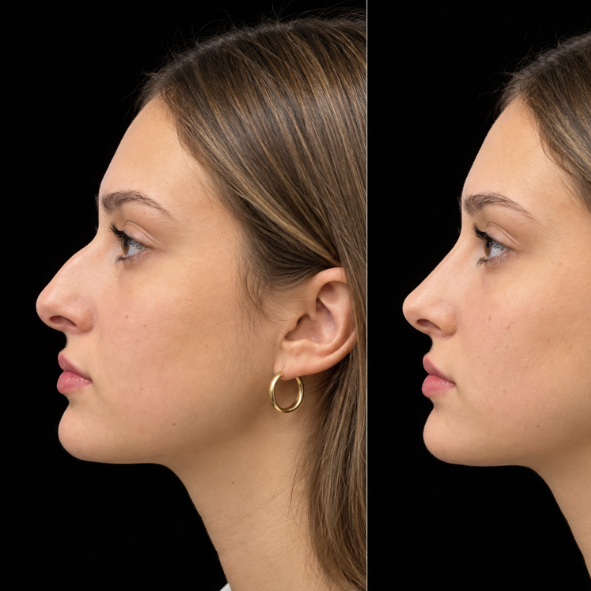 Rhinoplasty before and after, left profile, hump reduction with a lifted tip