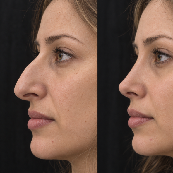 Rhinoplasty before and after, close profile, bridge smoothed and the tip rotated