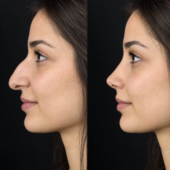 Rhinoplasty before and after, left profile, dorsum straightened and the tip narrowed